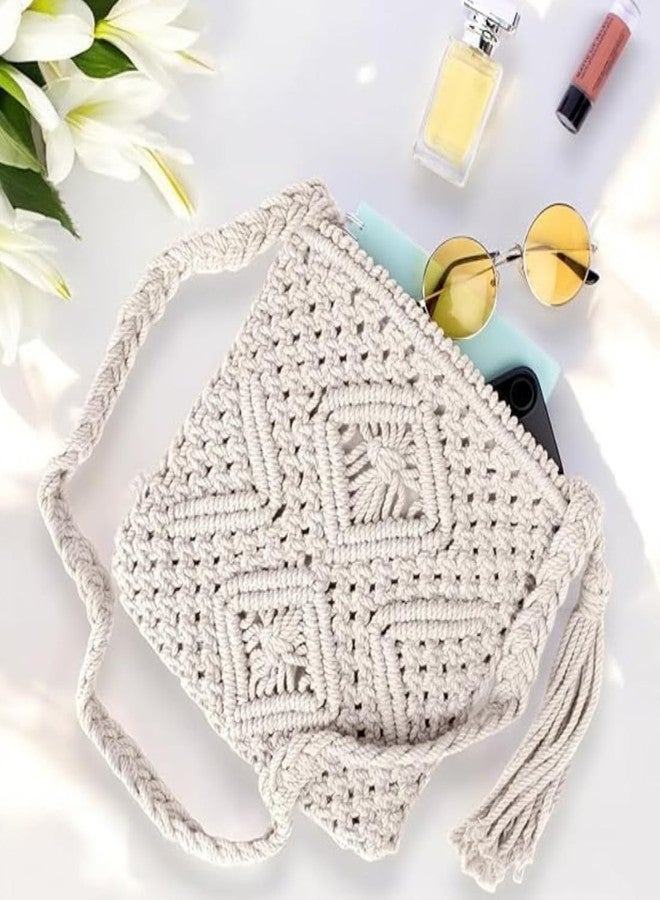 tms Handmade Macrame Sling Bag Crossbody (10x9 inch) - Off-White, Zipper Closure, Boho Chic, Stylish, Durable, Adjustable Strap, 1 pcs - Image 4